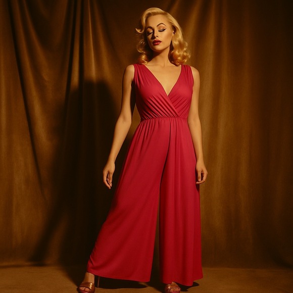 Cattani Pants - Vintage 70s Cattani of California Dark Pink Nylon Disco Hostess Palazzo Jumpsuit